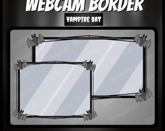 May include: A black webcam border with a gray background and a vampire bat theme. The border features a black frame with bats in each corner. The text "WEBCAM BORDER" and "VAMPIRE BAT" is displayed in white letters. The text "1920x1080 (16:9) / 1600x1200 (4:3)" is displayed in white letters. The text "the_alien_cat666" is displayed in white letters. The text "Twitch.tv/thealiencat666" is displayed in white letters.