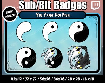 Emblemas de Sub/Bit de Peixe Koi Yin Yang | Twitch, YouTube | Conjunto de 6 | Lo-fi, Calmo, Peixe, Tranquilo, Lagoa