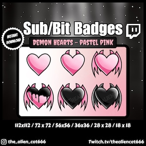 Op de afbeelding: Een set van 6 Twitch Sub/Bit badges met roze en zwarte demonenharten met vleugels. De badges zijn verkrijgbaar in 6 verschillende maten: 112x112, 72x72, 56x56, 36x36, 28x28 en 18x18.