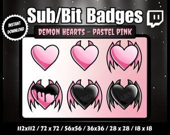 Gothic Black and Pastel Pink Demon Heart Sub/Bit Badges | Twitch, YouTube | Demon Wings, Lo-Fi, Dark, Kawaii, Horns