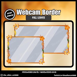 Puede incluir: Borde de webcam con un tema de hojas de otoño. El borde es dorado con un fondo transparente. Las hojas son en tonos de naranja, amarillo y rojo. El texto "Webcam Border" y "Fall Leaves" se muestra en la parte superior de la imagen. El texto "1920x1080 (16:9) / 1600x1200 (4:3)" se muestra en la parte inferior de la imagen.