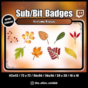 Badges Sub/Bit Automne - Twitch, YouTube, Discord | Lot de 9 | Kawaii, Nature, Feuilles, Cosy, Mignon