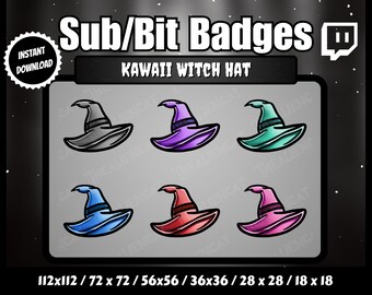 Distintivi Sub/Bit cappello da strega multicolore / Twitch, YouTube / Set di 6 / Occulto, Goth, Kawaii, Scuro / Grigio, Viola, Verde, Blu, Rosso, Rosa