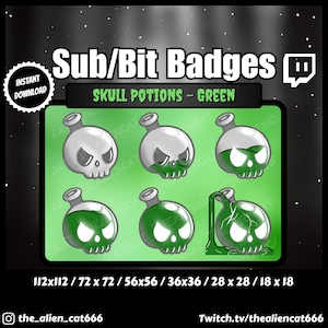 Puede incluir: Conjunto de seis insignias de Twitch de poción de calavera verde de diferentes tamaños, desde 112x112 píxeles hasta 18x18 píxeles. Las insignias muestran una calavera con una poción verde dentro de una botella de vidrio. El texto "Sub/Bit Badges" y "SKULL POTIONS - GREEN" está en la parte superior de la imagen. El texto "the_alien_cat666" y "Twitch.tv/thealiencat666" está en la parte inferior de la imagen.
