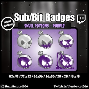 Skull Witchy Goth Purple Potion Sub/Bit Badges | Twitch, YouTube | Dark, Kawaii, Gothic, Witch, Occult, Potion Bottle