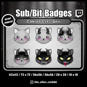 Gothic Corrump Demon Cat Sub/Bit Badges - Twitch, YouTube | 6er-Set | Dunkel, Kawaii, Hörner, Schwarz, Horror, Venom, Grau, Böse