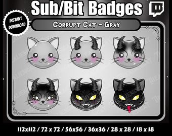 Emblemas de Sub/Bit de Gato Demoníaco Corrupto Gótico - Twitch, YouTube | Conjunto de 6 | Sombrio, Kawaii, Chifres, Preto, Terror, Venenoso, Cinza, Maligno
