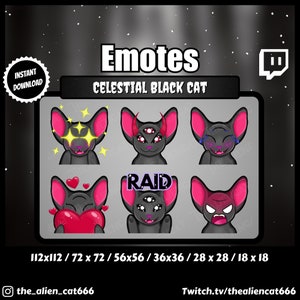 Celestial Black Cat Emotes | Twitch, YouTube, Discord | Set of 6 | Witchy, Dark, Occult, Goth | Wow, Devil, Laugh, Love, Raid, Anger