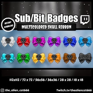 Multicolored Gothic Skull Ribbons with Black Pendant Sub/Bit Badges | Set of 12 | Twitch, YouTube | Dark, Lo-Fi, Kawaii, Witchy, Occult,