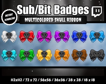 Cintas de calavera gótica multicolor con insignias de sub/bit colgantes negras / Conjunto de 12 / Twitch, YouTube / Oscuro, Lo-Fi, Kawaii, Brujería, Oculto,