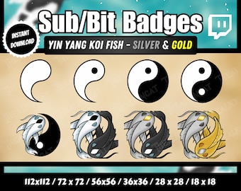 Emblemas de sub/bit de peixe Yin Yang Koi | Prata e Ouro | Contração muscular, YouTube | Conjunto de 8 | Tranquilo, Lagoa, Rio