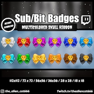 Multicolored Gothic Skull Ribbons with Black Pendant Sub/Bit Badges | Set of 12 | Twitch, YouTube | Dark, Lo-Fi, Kawaii, Witchy, Occult,