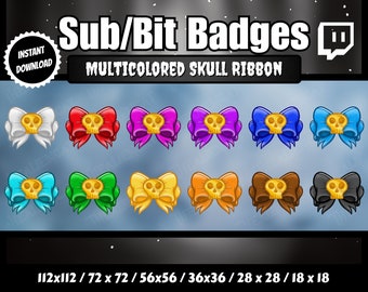 Cintas de calavera gótica multicolor con insignias de sub/bit colgantes negras / Conjunto de 12 / Twitch, YouTube / Oscuro, Lo-Fi, Kawaii, Brujería, Oculto,