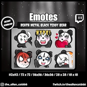 Death Metal Black Teddy Bear Emotes | Twitch, YouTube, Discord | Set of 6 | Cute, Goth, Fluffy | RIP, Hype, Love, Rage, Wave, Sleep