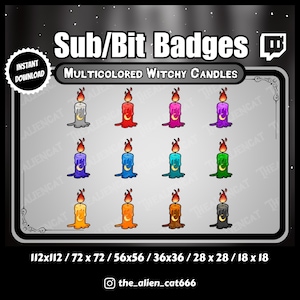 Gothic Witchy Candle Sub/Bit Badges | Twitch, YouTube, Discord | Set of 12 | Dark, Multicolour, Rainbow, Occult, Crescent Moon, Flame, Gold