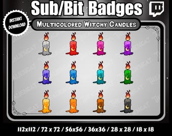 Badge sub/bit "Candela strega gotica" / Twitch, YouTube, Discord / Set da 12 / Scuro, Multicolore, Arcobaleno, Occulto, Luna crescente, Fiamma, Oro