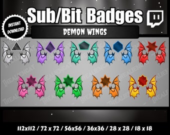 Emblemas Sub/Bit Dark Demon Wing - Twitch, YouTube | Conjunto de 9 | Colorido, arco-íris, asas de morcego