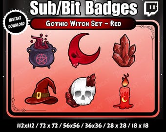 Red Gothic Witchy Sub/Bit Badges - Set of 6, Twitch, YouTube, Discord, Cauldron, Crescent Moon, Crystal, Skull, Hat, Candle