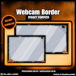 May include: A Halloween-themed webcam border design with the text "Webcam Border" and "Spooky Pumpkin." The design features pumpkins, spiderwebs, and spiders. Includes the text "Instant Download" and the creator's social media handles.