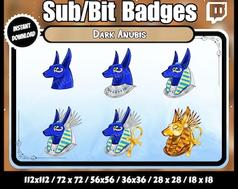 Emblemas de Sub/Bit Dark Anubis | Conjunto de 6 | Twitch, YouTube, Discord | Egito Antigo, Dourado, Azul, Prateado, Gótico, Oculto, Geek