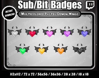 Gothic Pastel Demon Wing Sub/Bit Badges - Twitch, YouTube, Discord | Set of 9 | Dark, Kawaii, Horns, Red Hearts. Rainbow, Multicolored