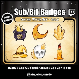 Gold Gothic Witchy Sub/Bit Badges - Set of 6, Twitch, YouTube, Discord, Cauldron, Crescent Moon, Crystal, Skull, Hat, Candle