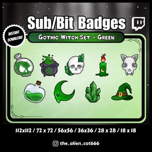 Green Gothic Witchy Sub/Bit Badges - Set of 9, Twitch, YouTube, Discord, Cauldron, Crescent Moon, Crystal, Skull, Hat, Candle, Potion, Cat