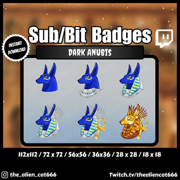 Dark Anubis Sub/Bit Badges | Set of 6 | Twitch, YouTube, Discord | Ancient Egypt, Gold, Blue, Silver, Goth, Occult, Geek