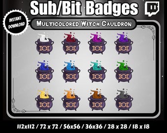 Distintivi sub/bit "Calderone Stregonesco Tripla Luna Gotico" / Set da 12 / Twitch, YouTube / Scuro, Celestiale, Bolle, Goo, Pozione, Kawaii, Multicolore