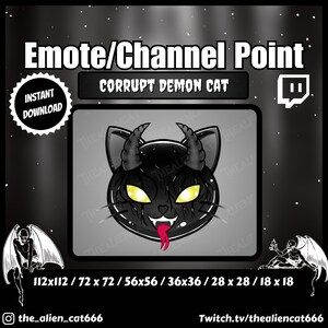 Könnte beinhalten: Eine digitale Schwarzweißillustration einer Dämonenkatze mit leuchtend gelben Augen und einer roten Zunge. Das Bild ist mit "Corrupt Demon Cat" beschriftet und enthält den Text "Emote/Channel Point" und "Sofort-Download".