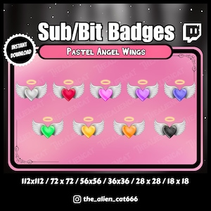 Gothic Pastel Angel Wing Sub/Bit Badges - Twitch, YouTube, Discord | Set of 9 | Dark, Kawaii, Hearts, Halo, Valentine
