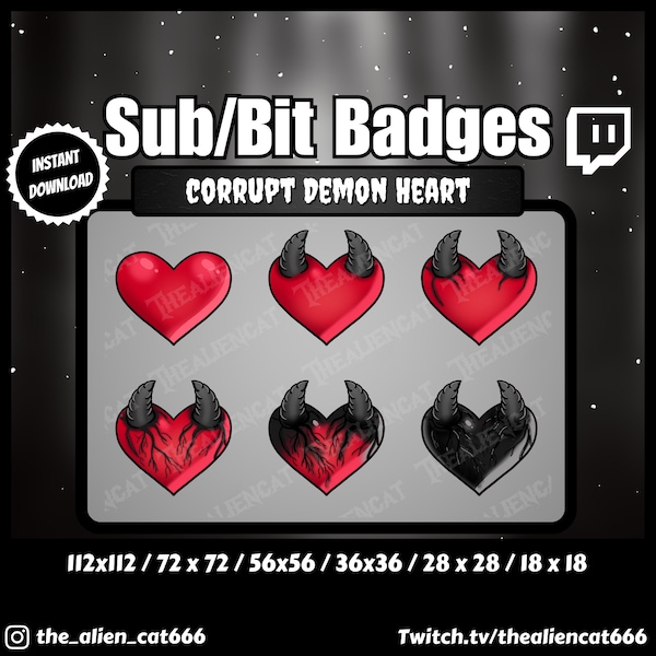 Gothic Corrupt Demon Heart Sub/Bit Badges - Twitch, YouTube | Set of 6 | Dark, Kawaii, Horns, Black, Red, Smoke, Ghost, Horror, Venom