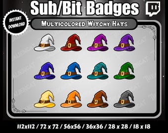 Distintivi sub/bit con cappello da strega gotico multicolore - Set da 12, Twitch, YouTube, Discord, Occulto, Kawaii