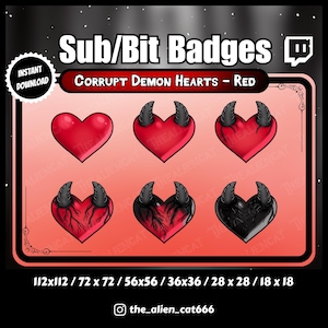 Gothic Corrupt Demon Heart Sub/Bit Badges - Twitch, YouTube | Set of 6 | Dark, Kawaii, Horns, Black, Red, Smoke, Ghost, Horror, Venom
