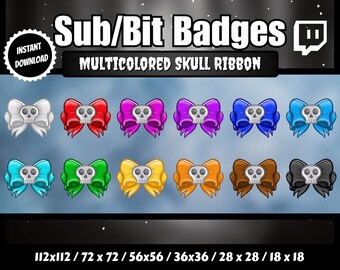 Cintas de calavera gótica multicolor con insignias de sub/bit colgantes de plata / Conjunto de 12 / Twitch, YouTube / Oscuro, Lo-Fi, Kawaii, Brujería, Oculto,