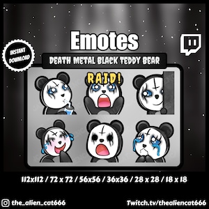 Death Metal Black Teddy Bear Emotes | Twitch, YouTube, Discord | Set of 6 | Cute, Goth, Fluffy | Sip, Raid, Lurk, LOL, Shock, Sad