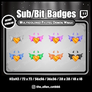 Gothic Pastel Demon Wing Sub/Bit Badges w. Gold Heart - Twitch, YouTube, Discord | Set of 8 | Dark, Kawaii, Horns, Hearts,
