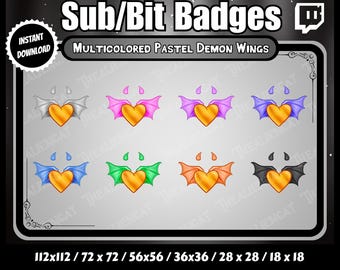 Gothic Pastel Demon Wing Sub/Bit Badges w. Gold Heart - Twitch, YouTube, Discord | Set of 8 | Dark, Kawaii, Horns, Hearts,