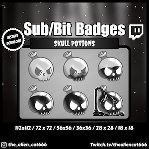 May include: Six black and white skull potion badges in various sizes, ranging from 18 x 18 pixels to 112 x 112 pixels. The badges feature a skull inside a glass bottle with a potion inside. The badges are for Twitch.