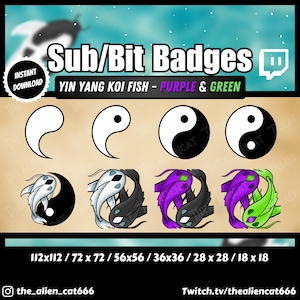 Yin Yang Koi Fish Sub/Bit Badges | Green and Purple | Set of 8 | Twitch, YouTube