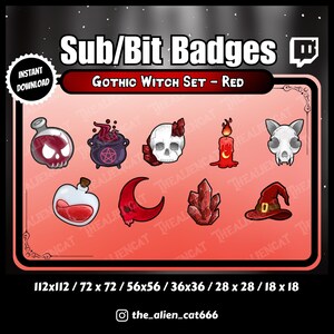 Op de afbeelding: Digitale download van een Gothic Witch Set van Sub/Bit Badges in rood. De set bevat illustraties van een schedel, drankflessen, een ketel, een halve maan, kristallen, een kaars, een heksenhoed en een katten schedel. De tekst luidt "Sub/Bit Badges" en "Gothic Witch Set - Red".