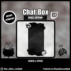 Op de afbeelding: Zwart-witte Twitch-chatbox-overlay met een schedel-drankje-thema. De overlay heeft een zwarte doos met een witte rand en de tekst "Chat Box" en "Skull Potion". De overlay heeft ook een zwart-witte illustratie van een drankfles met een schedel erop.