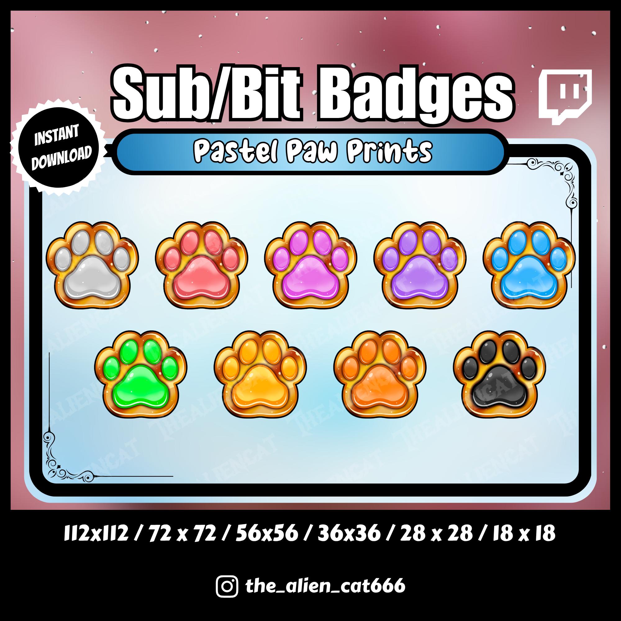 Distintivos de assinatura/bits com estampa de pata kawaii pastel | Twitch, YouTube | Conjunto de 9 | Arco-íris, fofo, pata de gato, animal