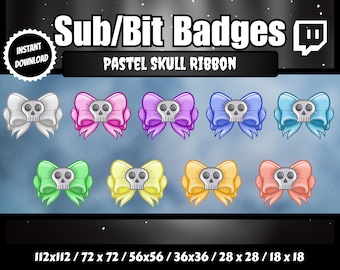 Cintas de calavera gótica pastel con insignias de sub/bit colgantes de plata / Conjunto de 9 / Twitch, YouTube / Oscuro, Lo-Fi, Kawaii, Brujo, Oculto, Celestial