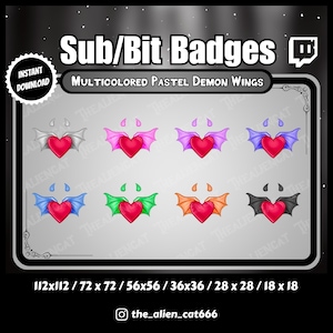 Gothic Pastel Demon Wing Sub/Bit Badges - Twitch, YouTube, Discord | Set of 8 | Dark, Kawaii, Horns, Red Hearts. Rainbow, Multicolored