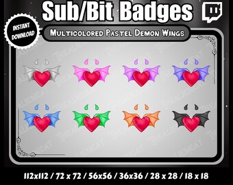 Gothic Pastel Demon Wing Sub/Bit Badges - Twitch, YouTube, Discord | Set of 8 | Dark, Kawaii, Horns, Red Hearts. Rainbow, Multicolored