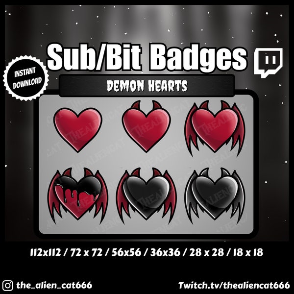 Gothic Black and Red Demon Heart Sub/Bit Badges - Twitch, YouTube | Dark, Kawaii, Horns