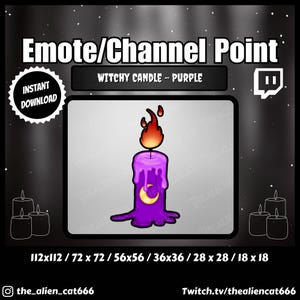 Purple Witchy Candle Channel Coin/Emote | Twitch, YouTube | Channel Point Icons, Dark, Kawaii, Occult, Melted, Crescent Moon, Flame, Shine