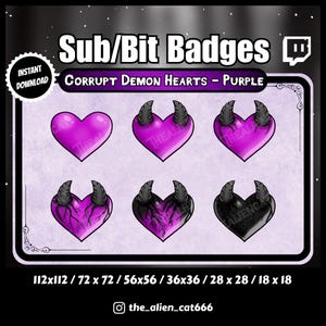 Gothic Corrupt Purple Demon Heart Sub/Bit Badges - Twitch, YouTube | Set of 6 | Dark, Kawaii, Horns, Black, Horror, Venom