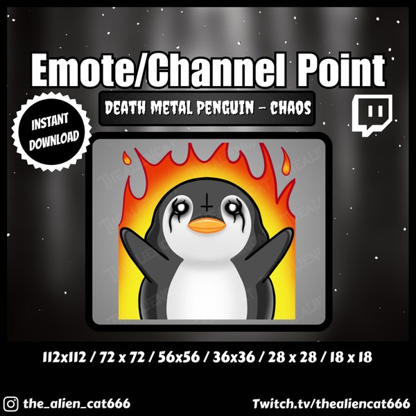 Death Metal Chaos Penguin Coin/Emote | Twitch, YouTube | Channel Point Icons, Dark, Kawaii, Goth, Fire, Flame, Grey, Black